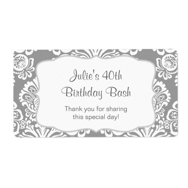 Grey Damask Water Bottle favour - customise it! (Front)