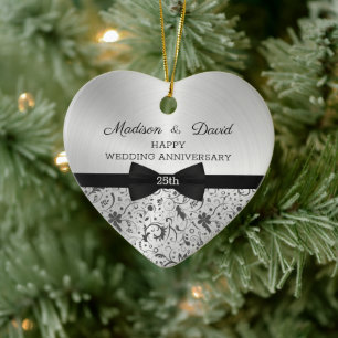 Grey Damask Wedding Anniversary Ceramic Ornament
