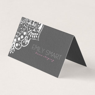Grey Damask White Mandala Business Card