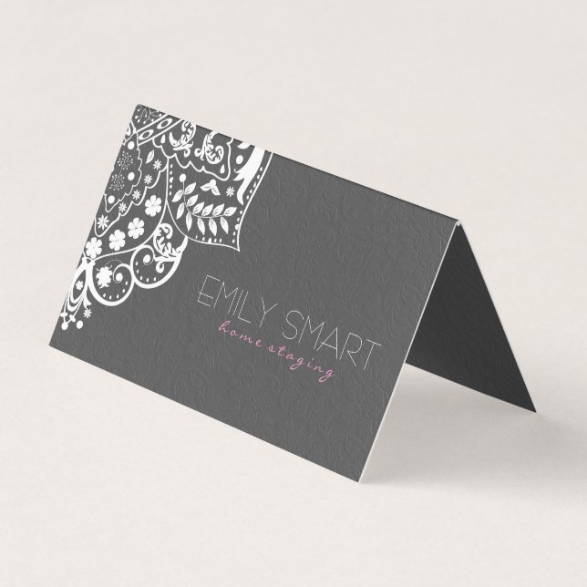 Grey Damask White Mandala Business Card (Front)