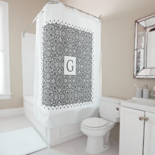 Grey damask, white scalloped borders and monogram shower curtain