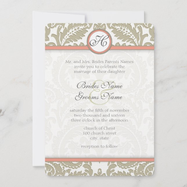 Grey Damask with Coral & Greige Wedding Invitation (Front)