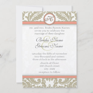 Grey Damask with Coral & Grey Wedding Invitations
