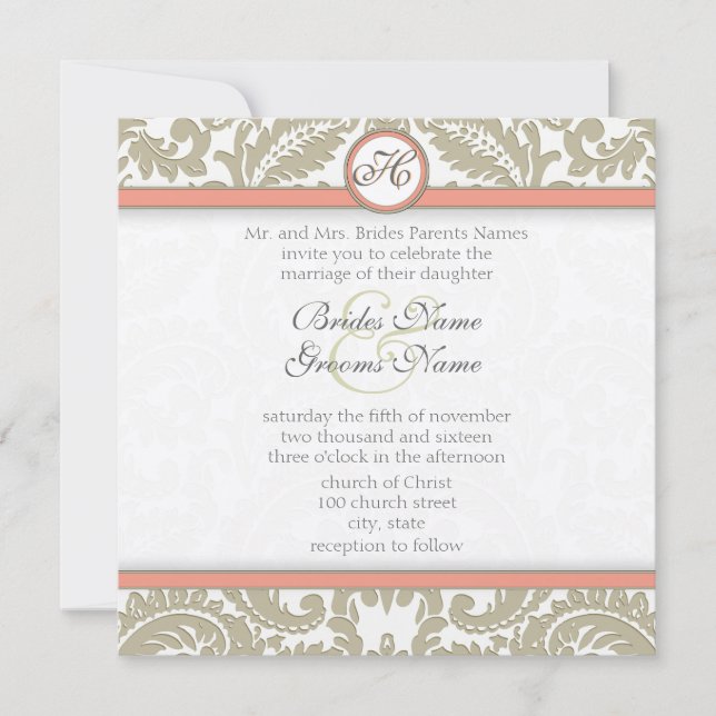 Grey Damask with Coral & Grey Wedding Invitations (Front)