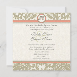 Grey Damask with Coral & Grey Wedding Invitations