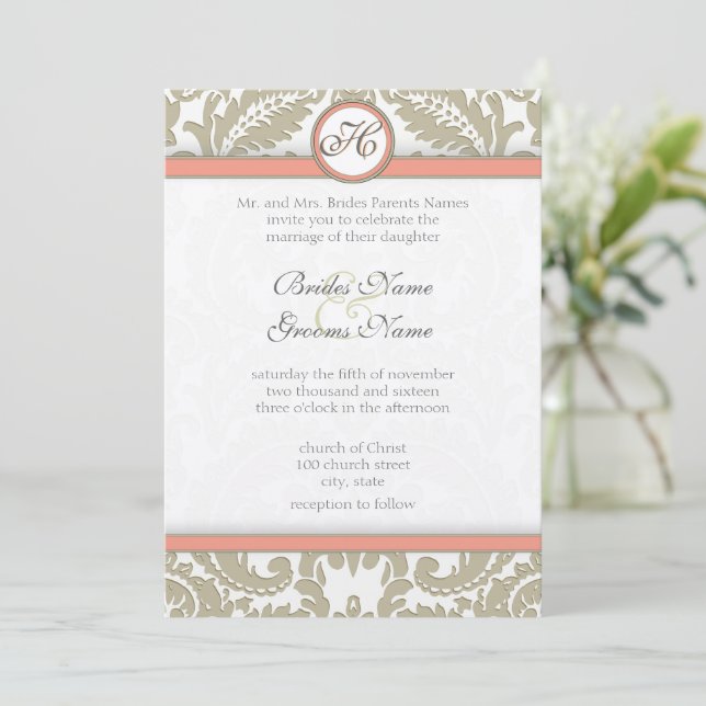 Grey Damask with Coral & Grey Wedding Invitations (Standing Front)