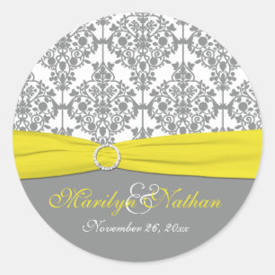 Grey Damask with Yellow 1.5" Round Sticker