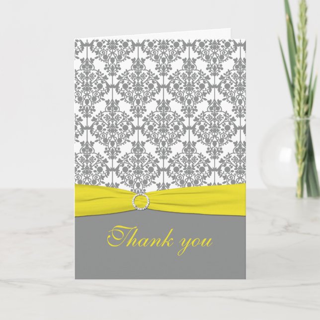Grey Damask with Yellow Thank You Card (Front)
