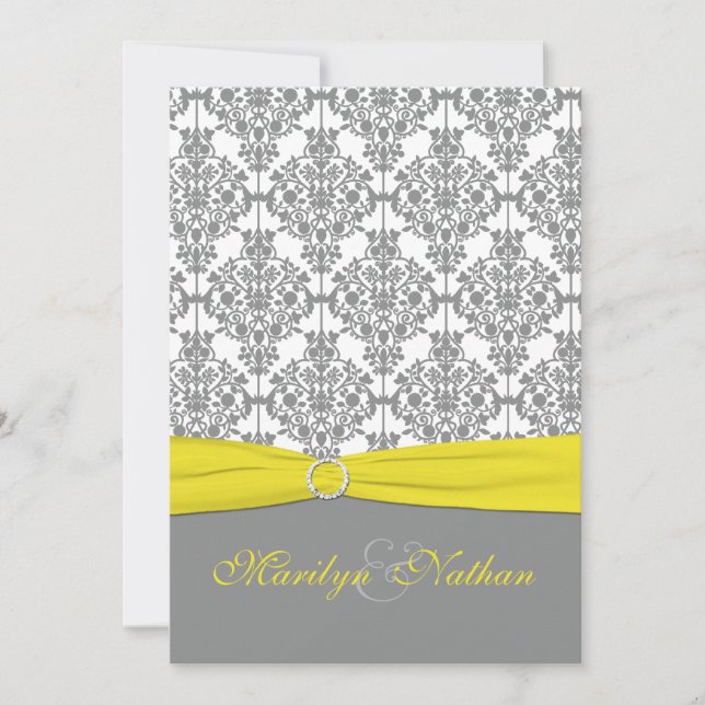 Grey Damask with Yellow Wedding Invitation (Front)