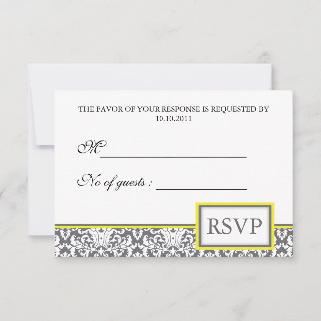 'Grey Damask (yellow)' Damask RSVP Invite (Front)