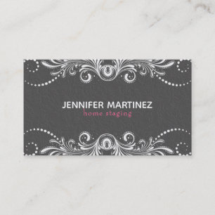 Grey Damasks And White Vintage Lace Business Card