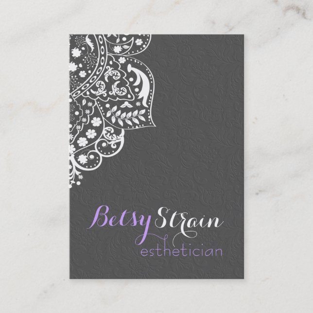 Grey Damasks With White Floral Lace Reversible Business Card (Front)