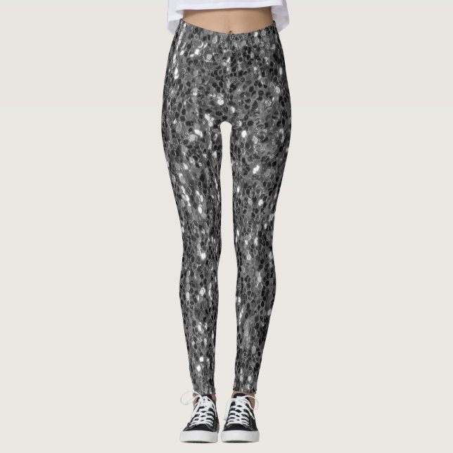 Grey dark silver sparkles faux glitter leggings (Front)