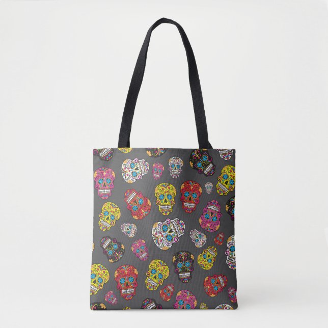 Grey Day of the Dead Colourful Sugar Skull Tote Bag (Front)