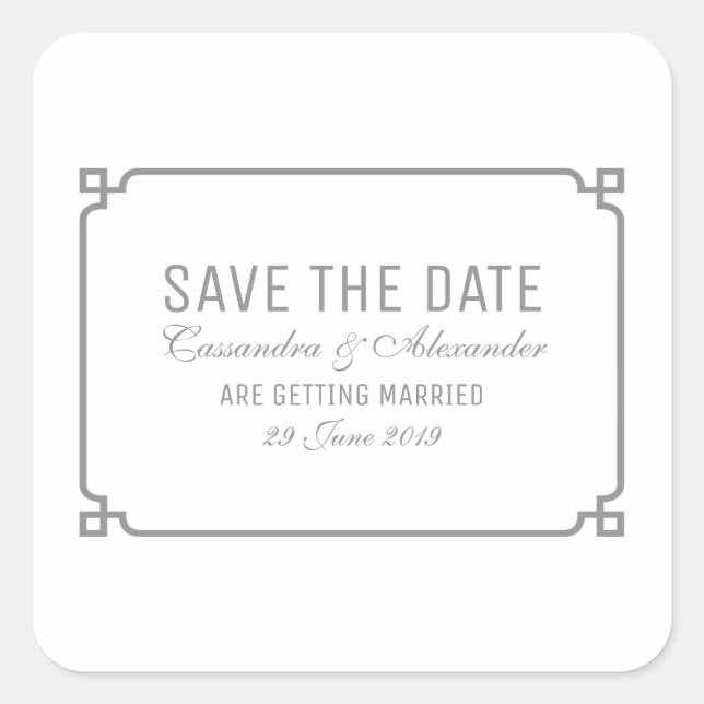 Grey Deco Chic Save the Date Square Sticker (Front)