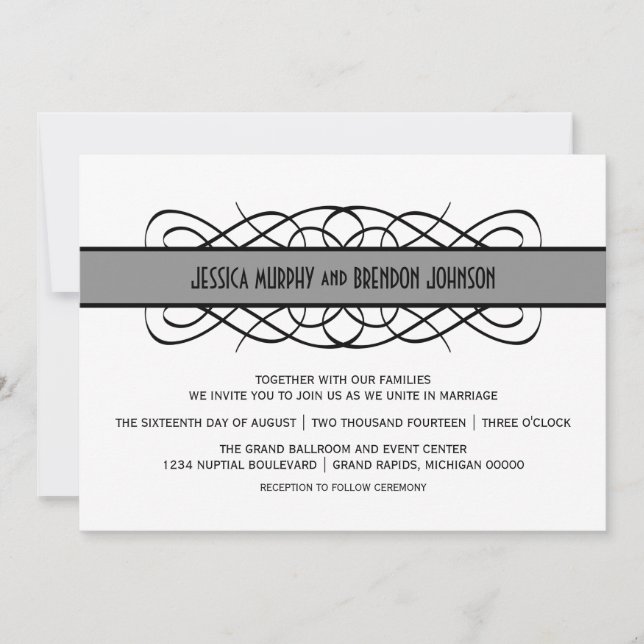 Grey Deco Flourish Wedding Invite (Front)