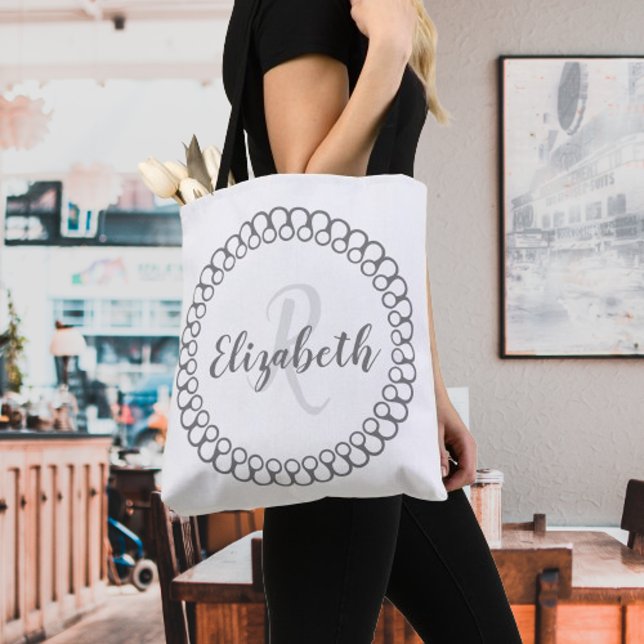 Grey Decorative Circle Personalise Monogram Tote (Gray Decorative Circle Personalized Monogram Tote Bag)