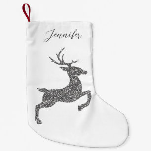 Grey Deer Shape In Faux Glitter Texture With Name Small Christmas Stocking