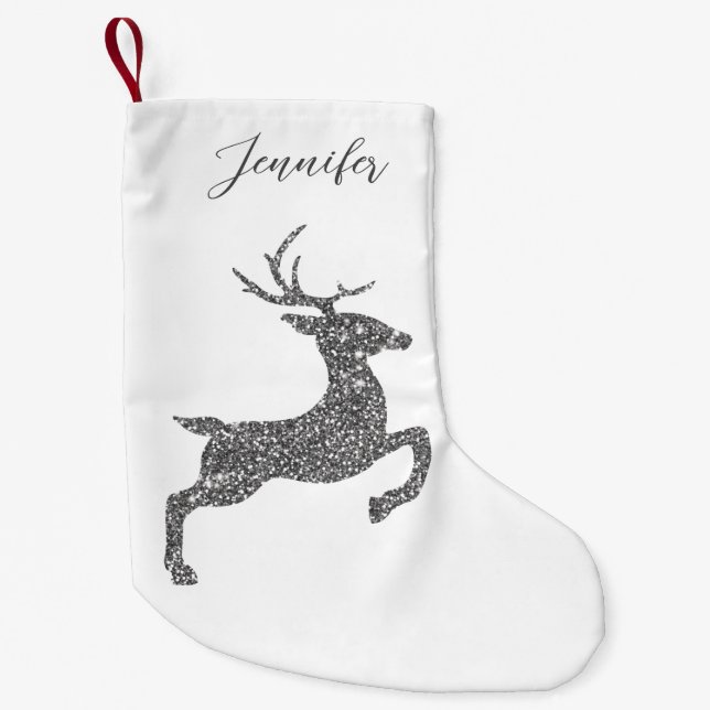 Grey Deer Shape In Faux Glitter Texture With Name Small Christmas Stocking (Front)