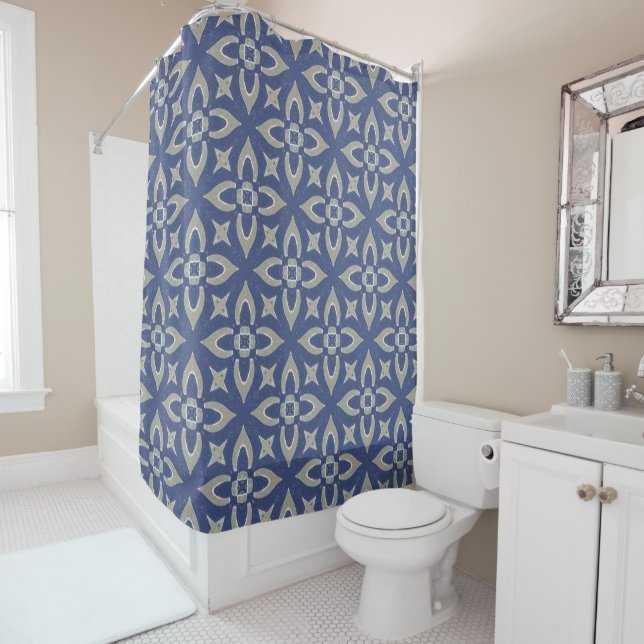 Grey Diamond Floral Pattern w/Blue Shower Curtain (In Situ)