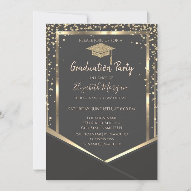 Grey Diamonds Gold Graduation Cap Graduation Invitation (Front)