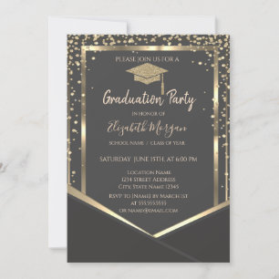 Grey Diamonds Gold Graduation Cap Graduation Invitation