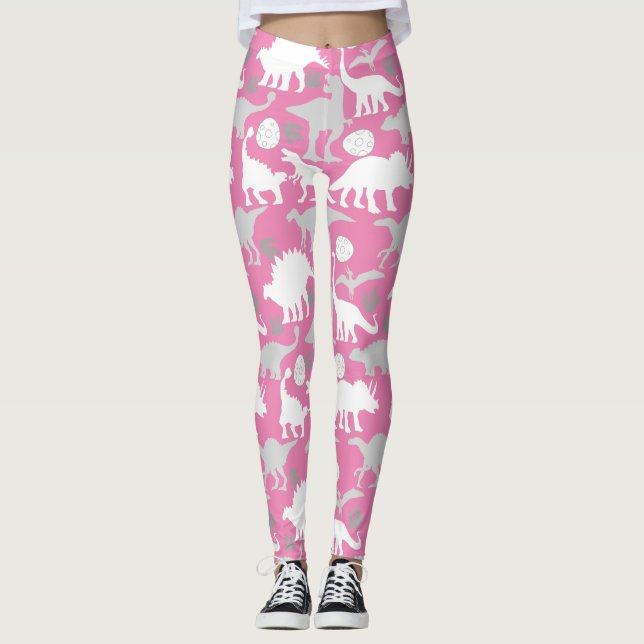 Grey Dino Pattern L Pink BG Leggings (Front)