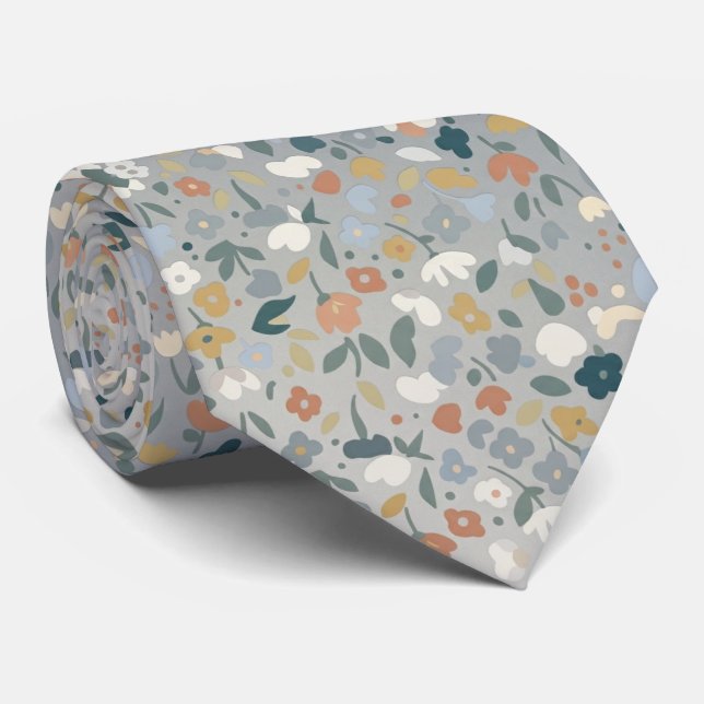 Grey Ditsy Floral Soft Pastel Flowers Tie (Rolled)