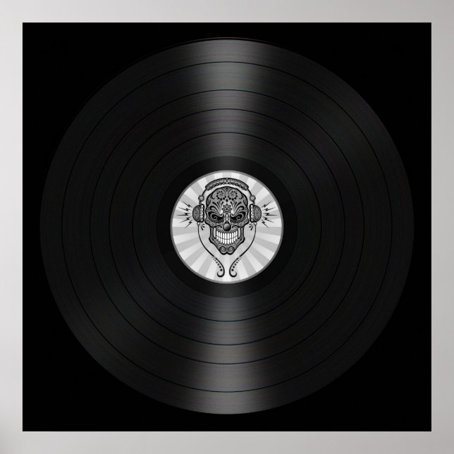 Grey Dj Sugar Skull on Vinyl Record Graphic Poster (Front)