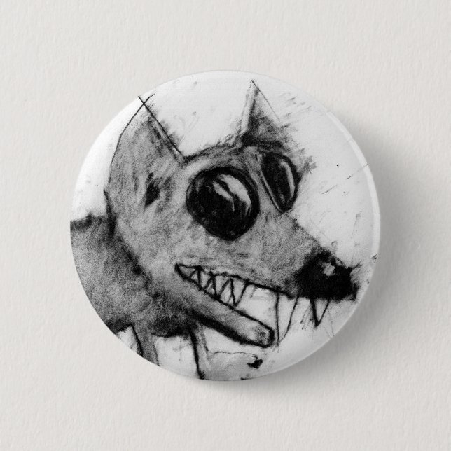 grey dog head button. 6 cm round badge (Front)