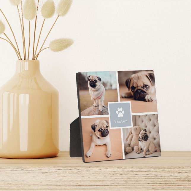 Grey | Dog Name & Pawprint Pet Photo Collage Plaque (Creator Uploaded)