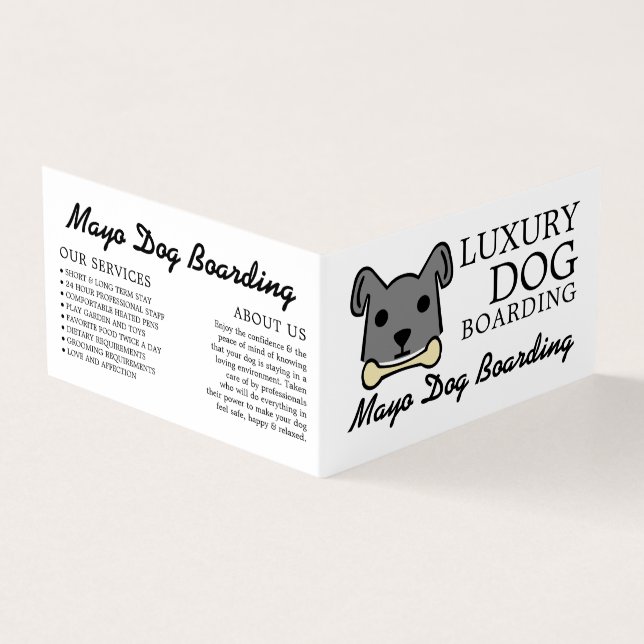 Grey Dog with Bone, Dog Boarding Detailed Business Card (Outside)