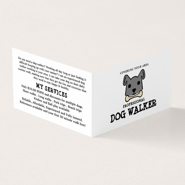 Grey Dog with Bone, Dog Walker Detailed Business Card (Outside)
