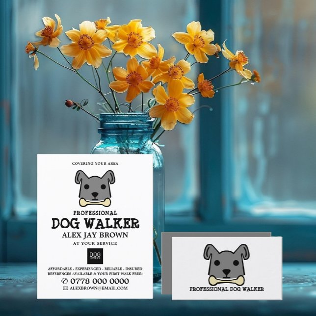 Grey Dog with Bone, Dog Walker Service Business Card (Creator Uploaded)