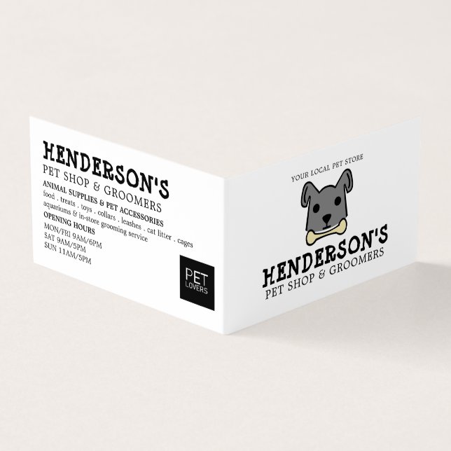 Grey Dog with Bone, Pet Store & Groomers Detailed Business Card (Outside)
