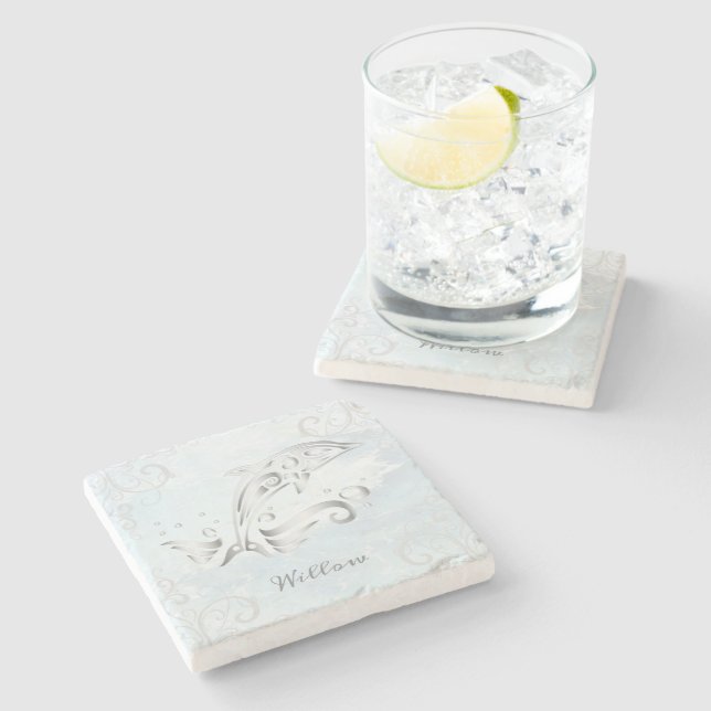 Grey Dolphin Personalised Stone Coaster (Side)