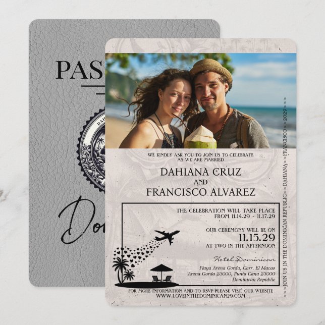 Grey Dominican Republic Passport Wedding Invitation (Front/Back)