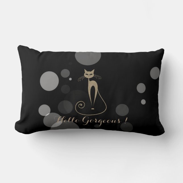 Grey Dots On Black Background,Cat,Hello Gorgeous Lumbar Cushion (Front)