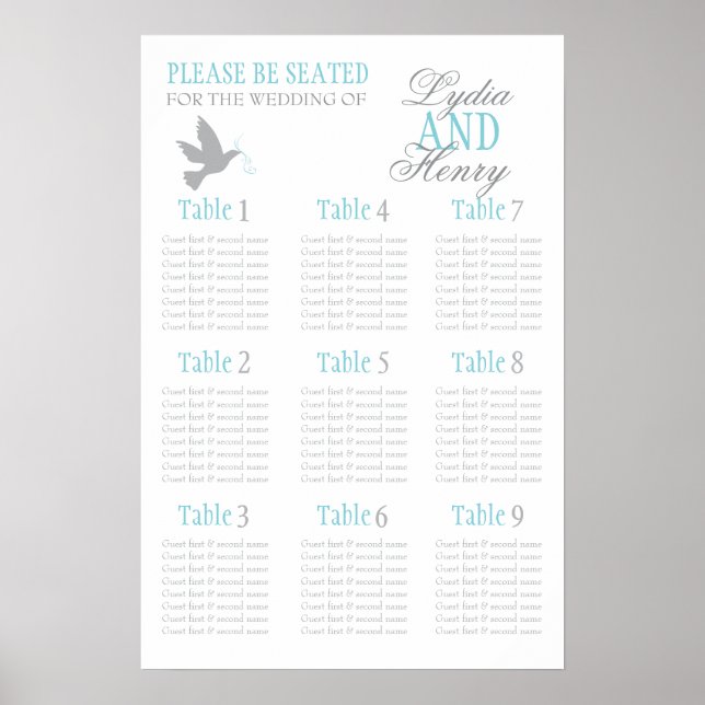 Grey dove aqua blue wedding seating table plan 1-9 poster (Front)