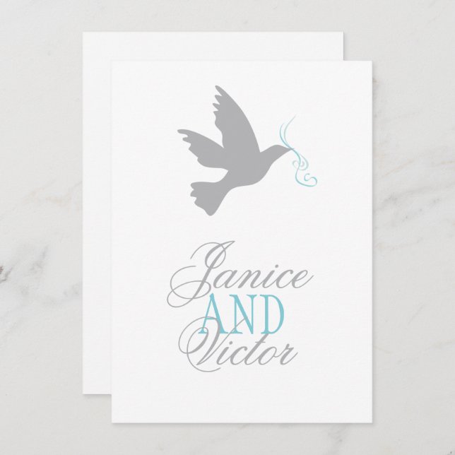 Grey dove blue ribbon formal wedding RSVP Invitation (Front/Back)