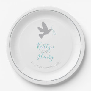 Grey dove flying bird aqua blue ribbons wedding paper plate