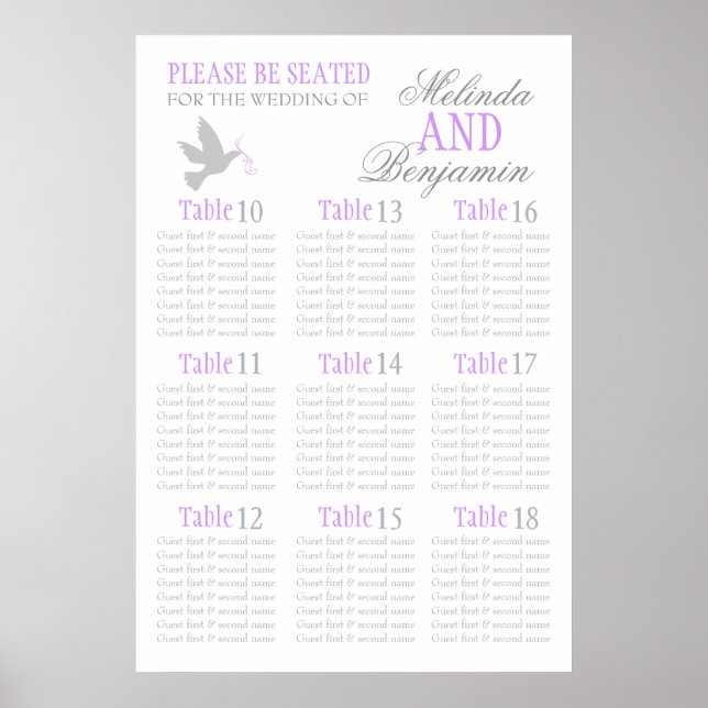 Grey dove purple wedding seating table plan 10-18 poster (Front)