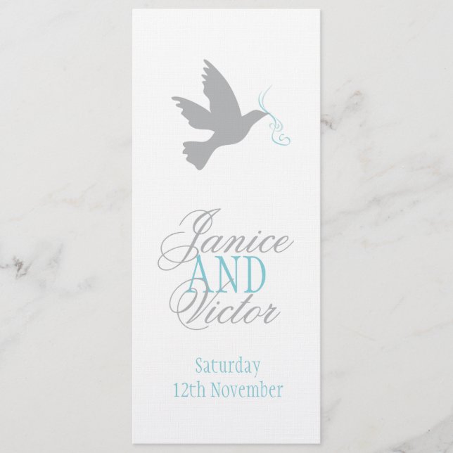 Grey dove with blue wedding dinner menu (Front)