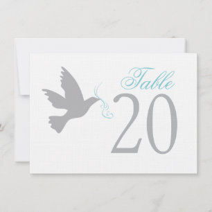 Grey dove with blue wedding table numbers