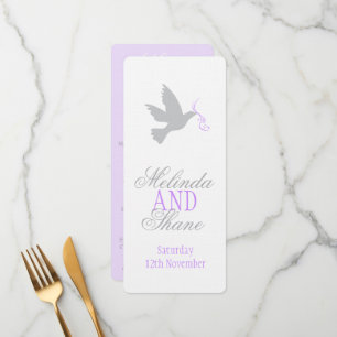 Grey dove with purple wedding dinner menu