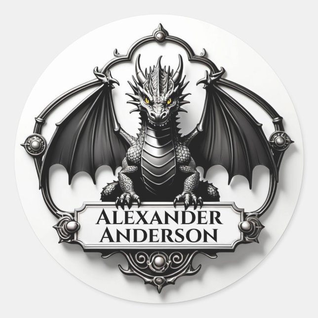 Grey Dragon with Yellow Eyes Personalise  Classic Round Sticker (Front)