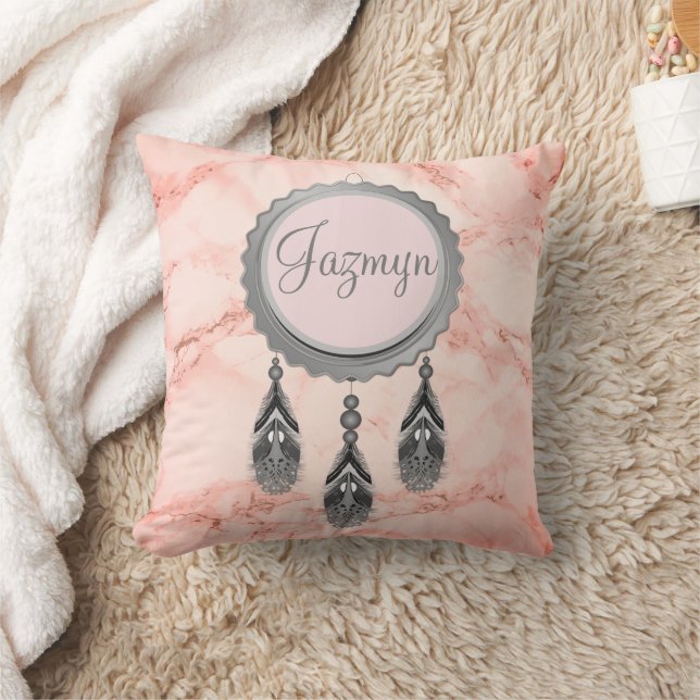 Grey Dreamcatcher on Pink Marble Personalised  Cushion (Blanket)