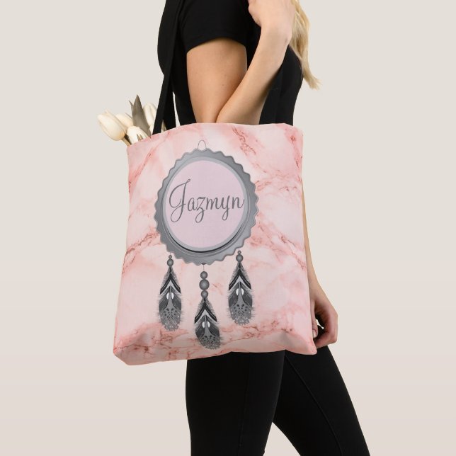  Grey Dreamcatcher on Pink Marble Personalised Tote Bag (Close Up)