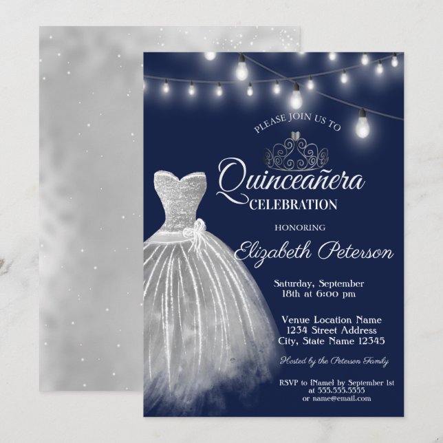 Grey Dress Navy Blue Quinceañera  Invitation (Front/Back)
