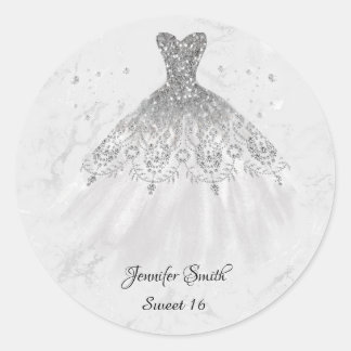 Grey dress silver glitter sweet sixteen classic round sticker